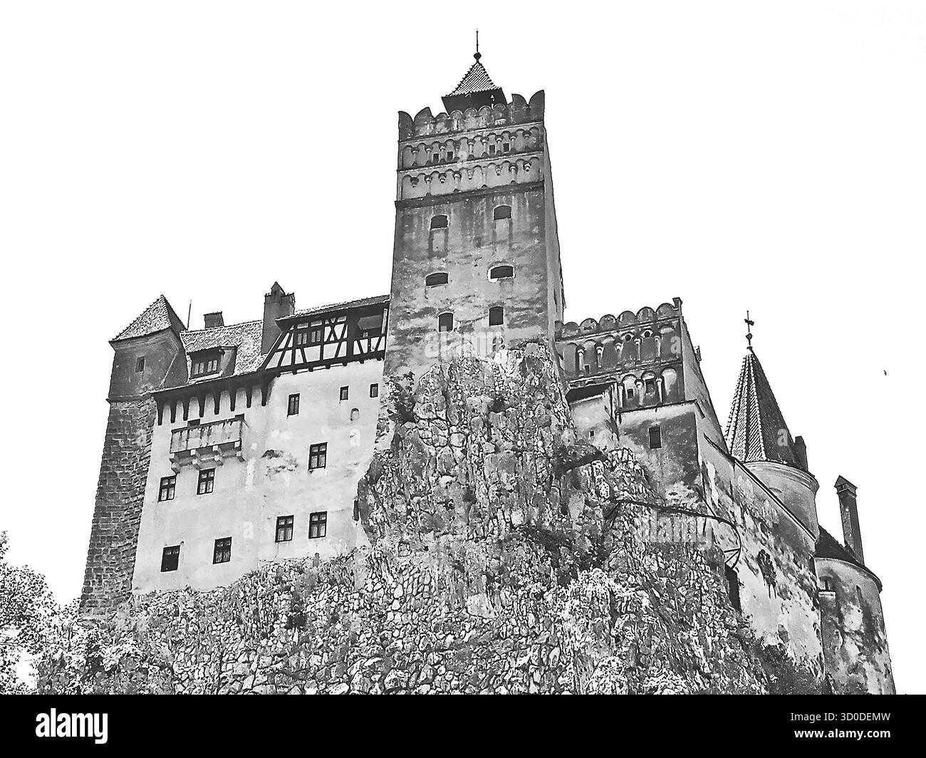Bran Castle, known as Dracula's Castle, from Transylvania (Castelul Bran, Dracula, Vlad Țepeș, Transilvania) - black and white - Smartphone Captured Stock Image