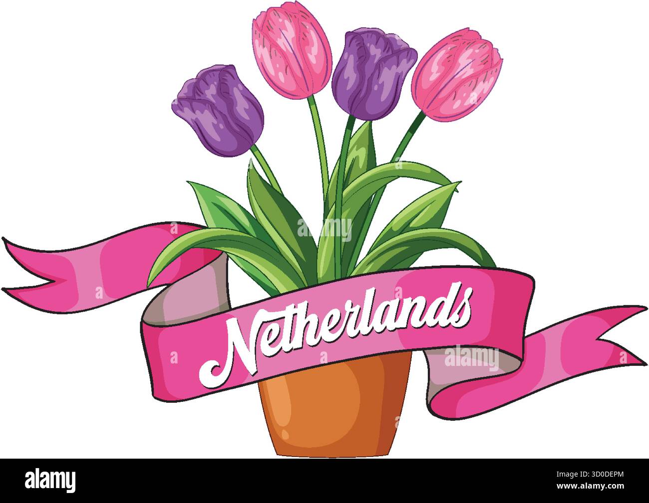 Colorful tulips in a pot with pink ribbon banner, flat vector style ...