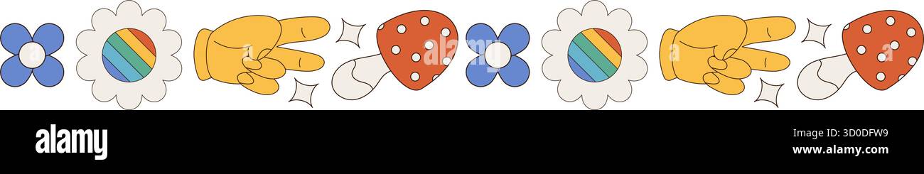 Groovy Retro Seamless Border With Flower Pattern Stock Vector