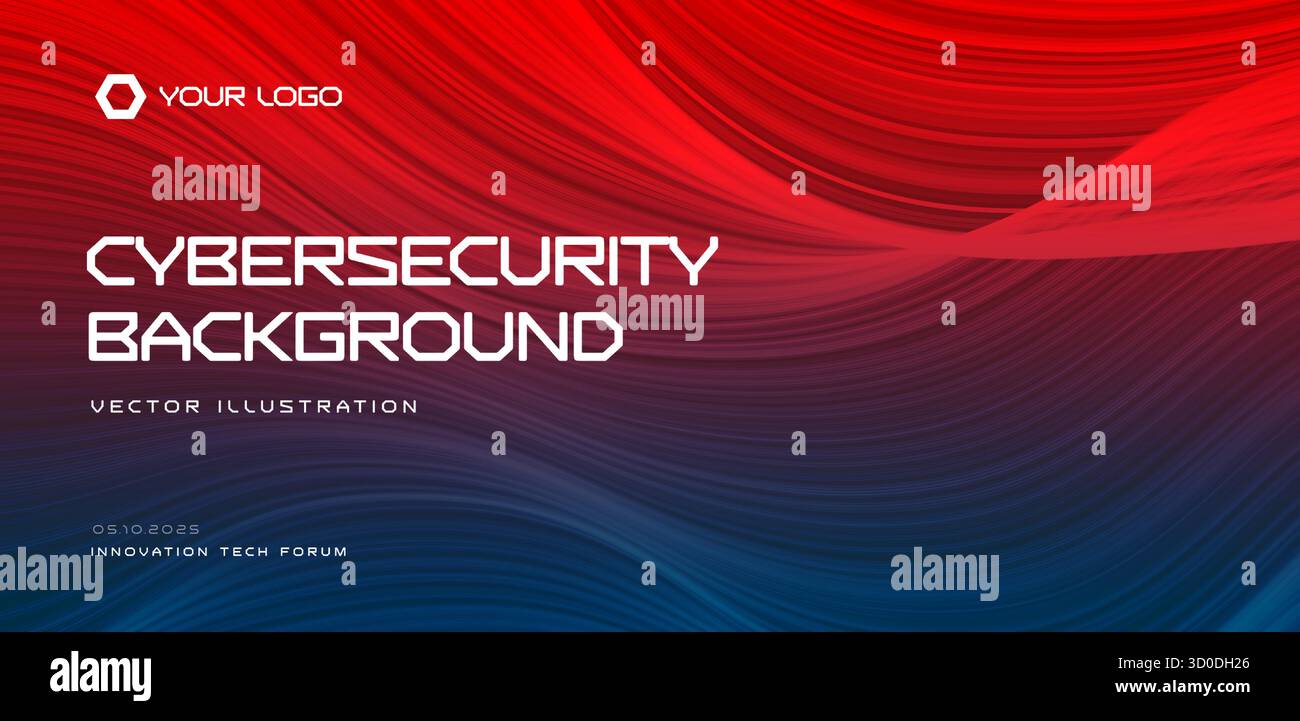 Cyber Big Data flow with red-blue tech waves, neural network vibe. For SOC reports, IT compliance decks, website, conference banner. Cybersecurity Stock Vector