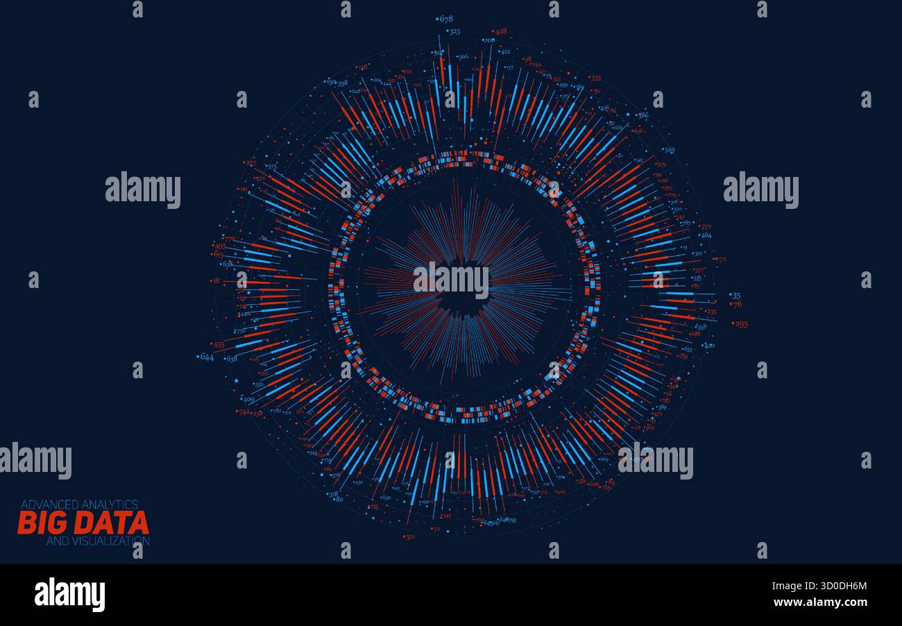Vector abstract colorful round big data information visualization. Social network, financial analysis of complex databases. Visual information Stock Vector