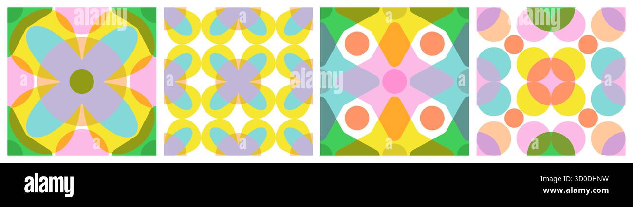 Risograph seamless patterns set with abstract contemporary shapes. Abstract bauhaus design with Riso print effect in vibrant colours. Minimalistic Scandinavian nursery print. Stock Vector