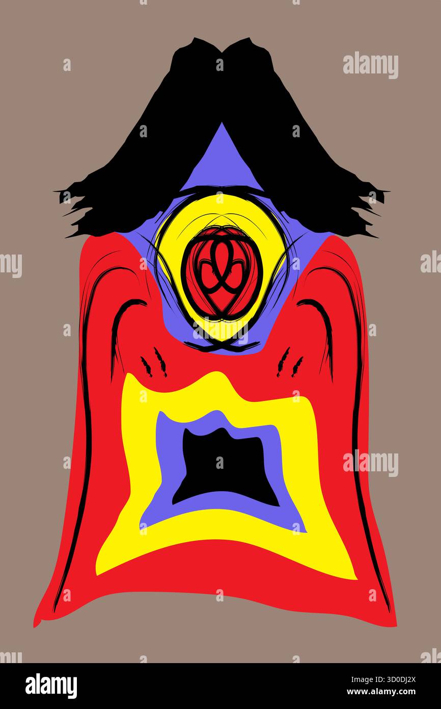 Striking abstract vector featuring a central spinning third eye with red and black patterns surrounded by a yellow ring. Includes a blue triangle, dyn Stock Vector