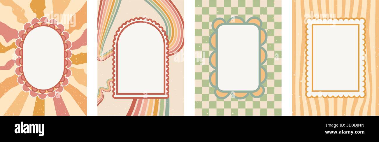 Arc, square and scallop ellipse retro frames set on vintage bg. Wavy ...