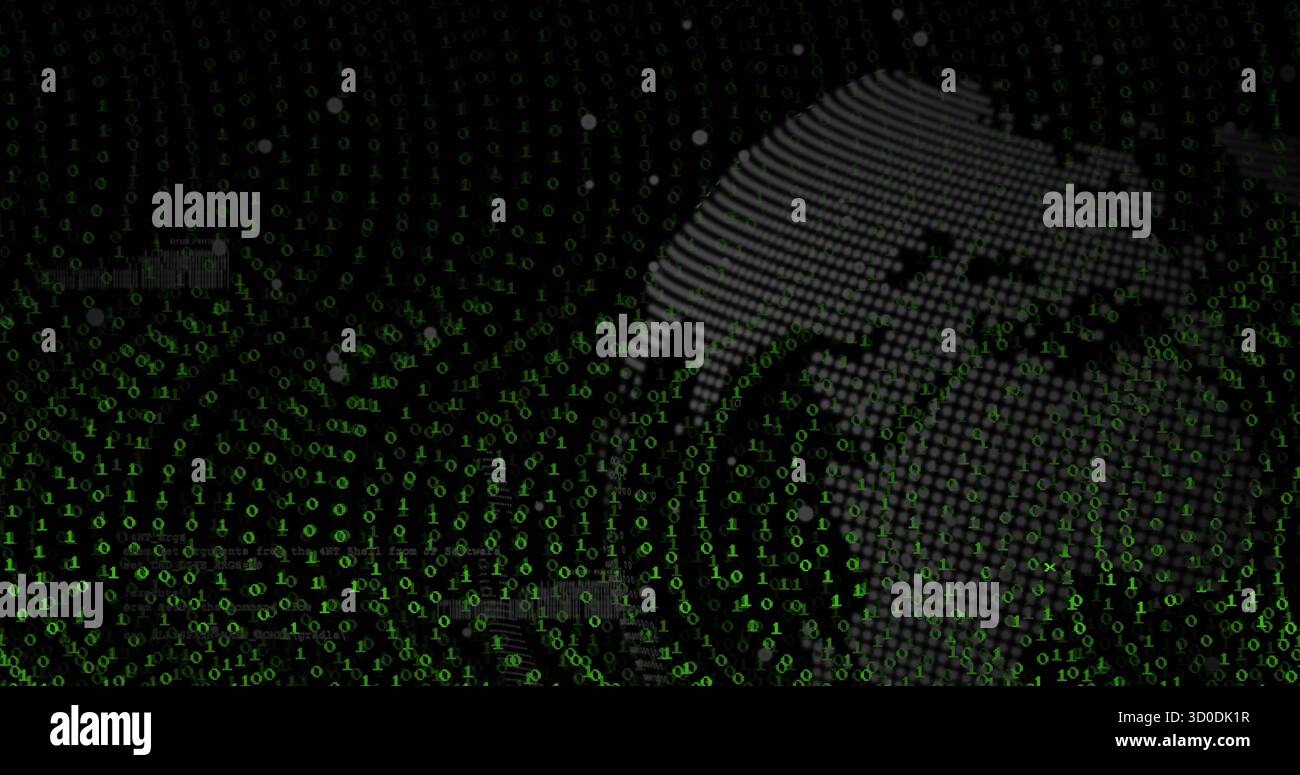 Showing stylized dot-matrix globe swirling in cyberspace, with green binary code, copy space Stock Photo