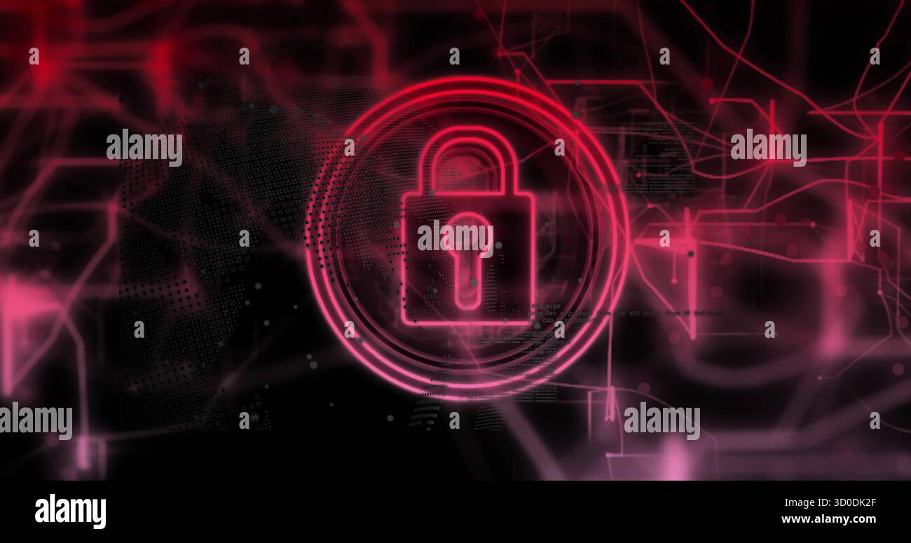 Glowing neon red padlock icon securing digital interface, with concentric rings and network lines Stock Photo