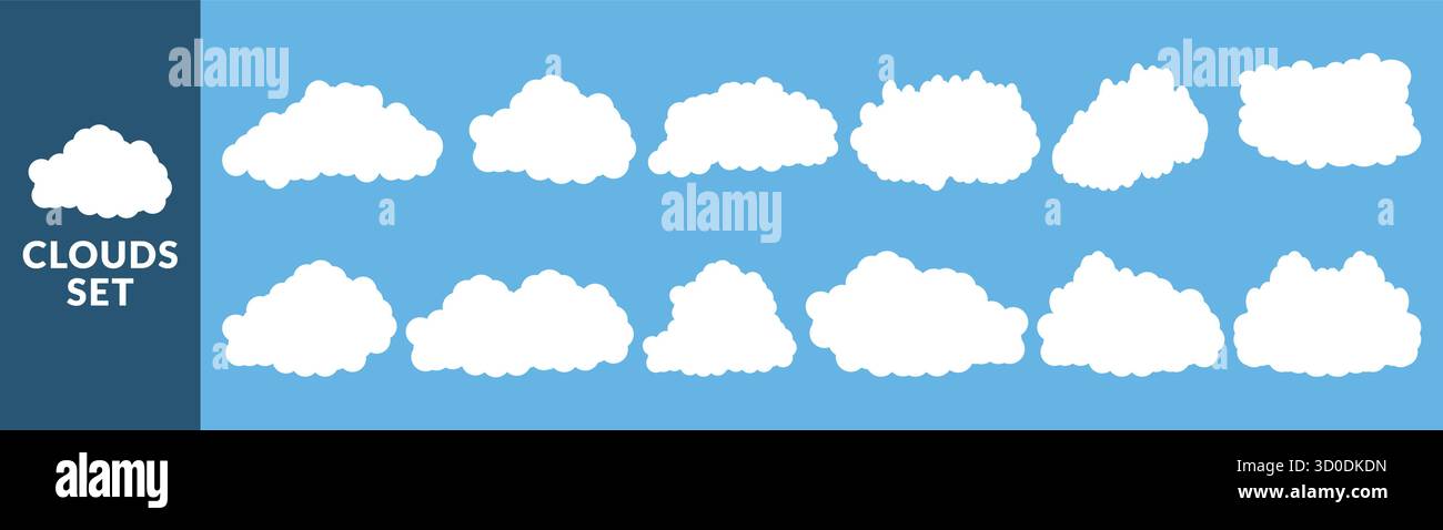 Set of white clouds on blue sky background Perfect for weather design or cloud computing concepts Soft fluffy shapes Stock Vector