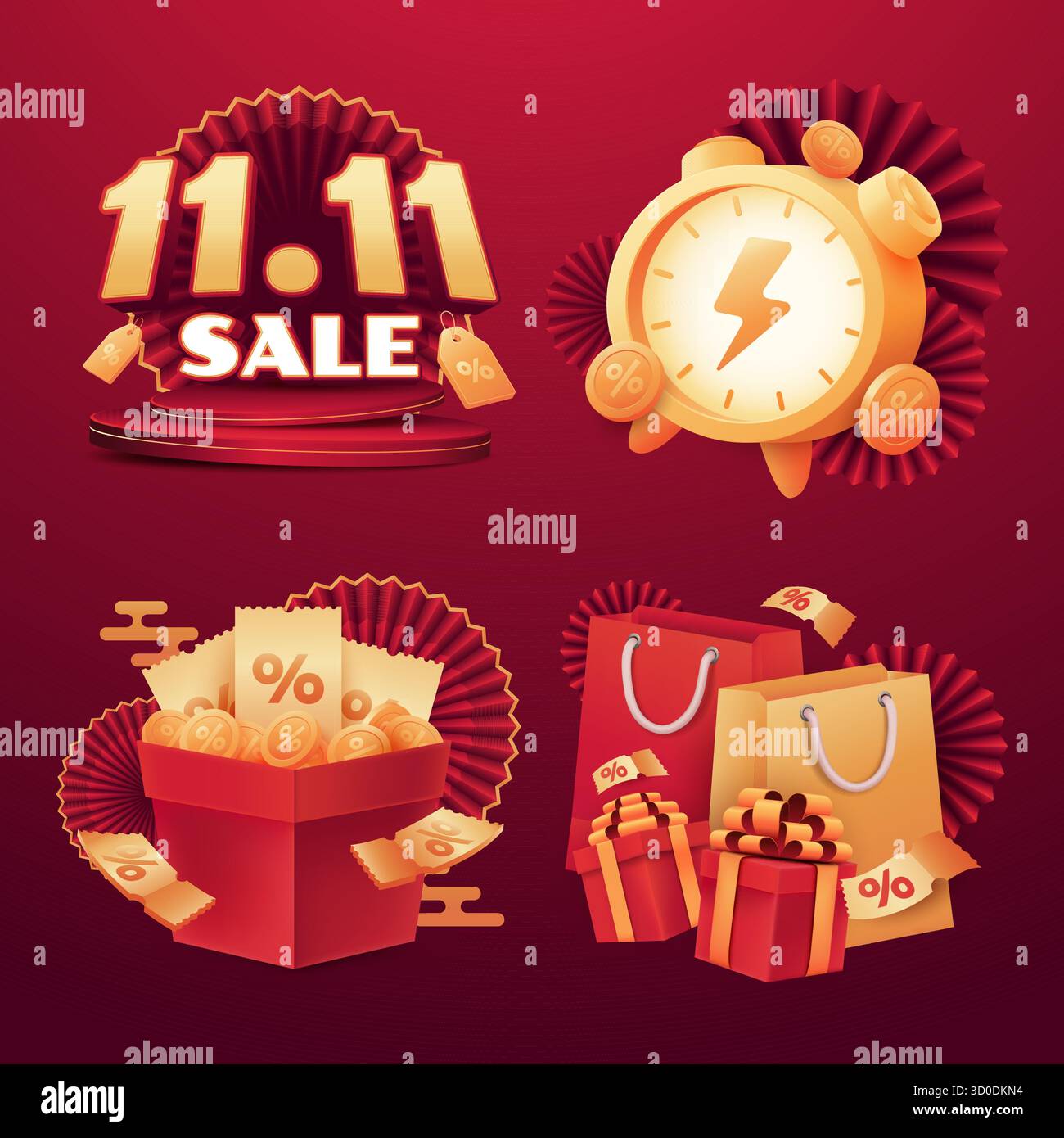 Mini compositions displaying 11.11 sale icons gift boxes coins and ...