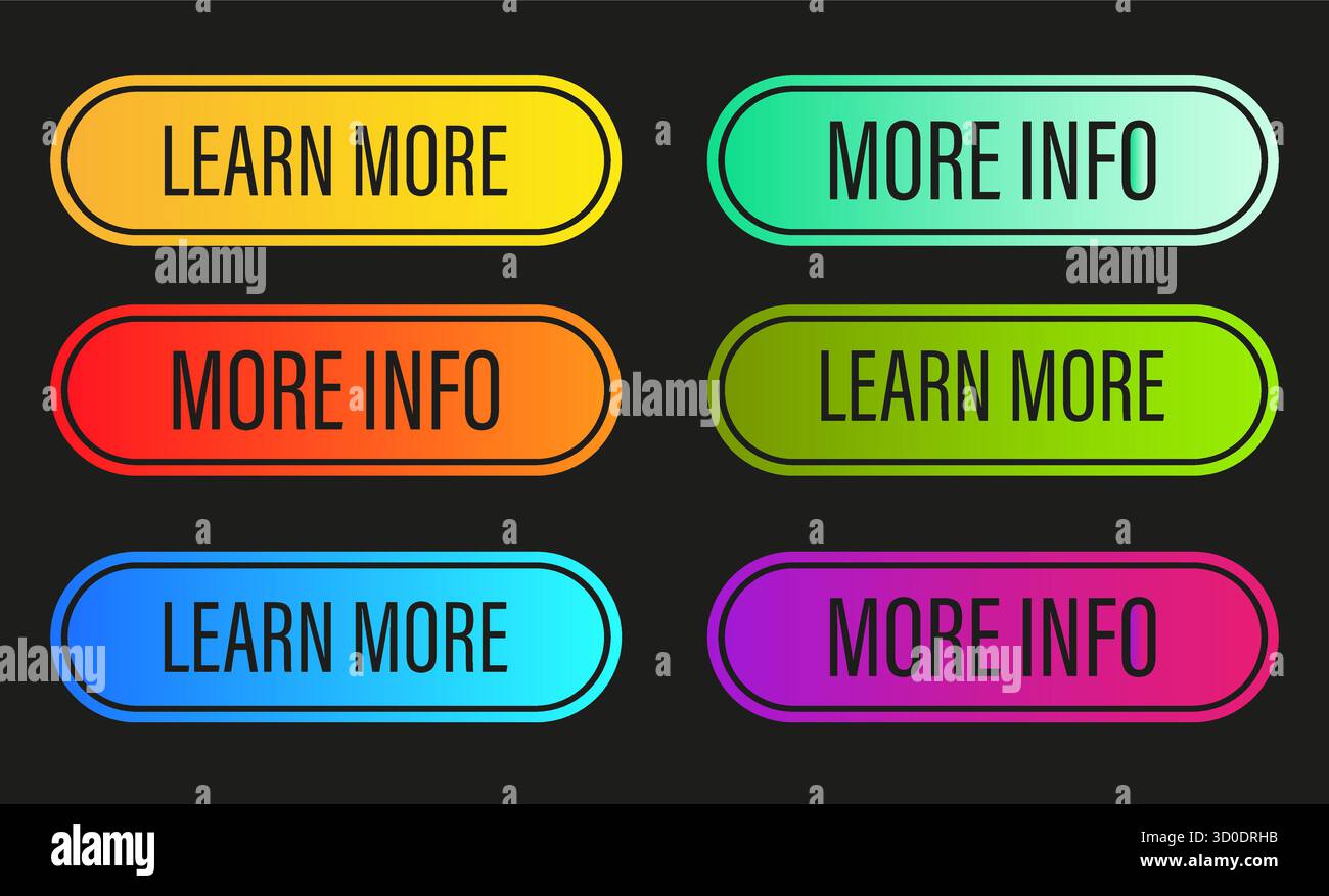 Learn more button icon. More info sticker. Website navigation buttons. Vector elements pack. Stock Vector