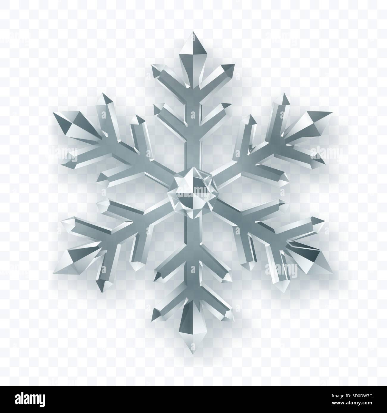 A complex, six-pointed snowflake with sharp, crystalline facets in shades of silver and white with soft shadow on a transparent background. Transparen Stock Vector