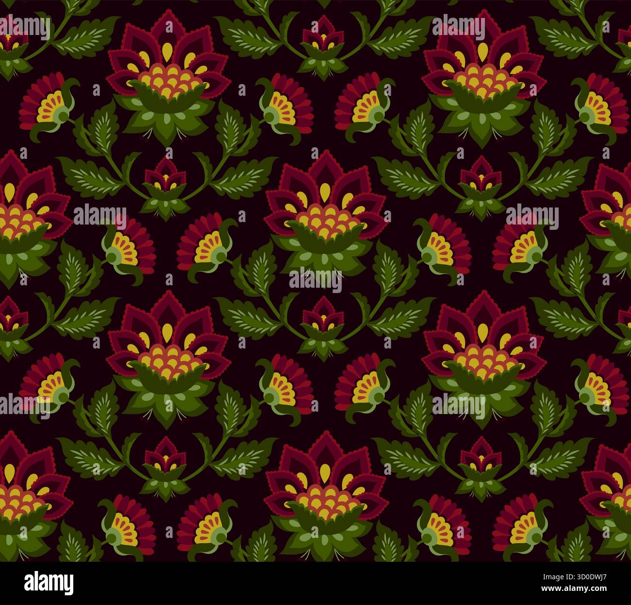 Bold dark floral pattern, rich Renaissance colors red green gold ...