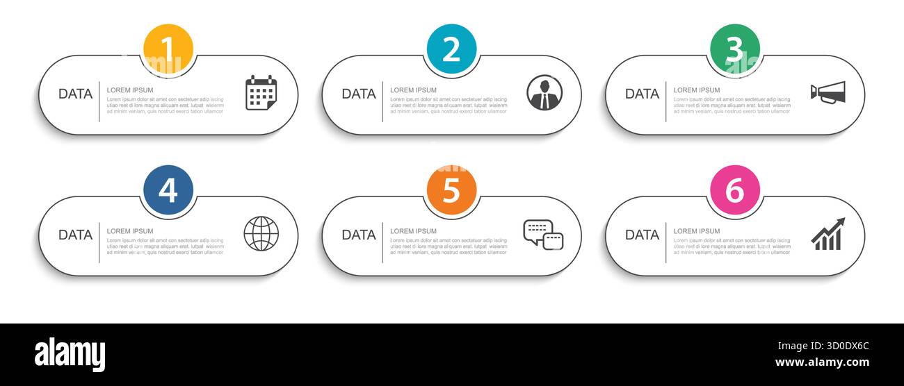 Modern infographic 6 step business data process design template. Stock Vector