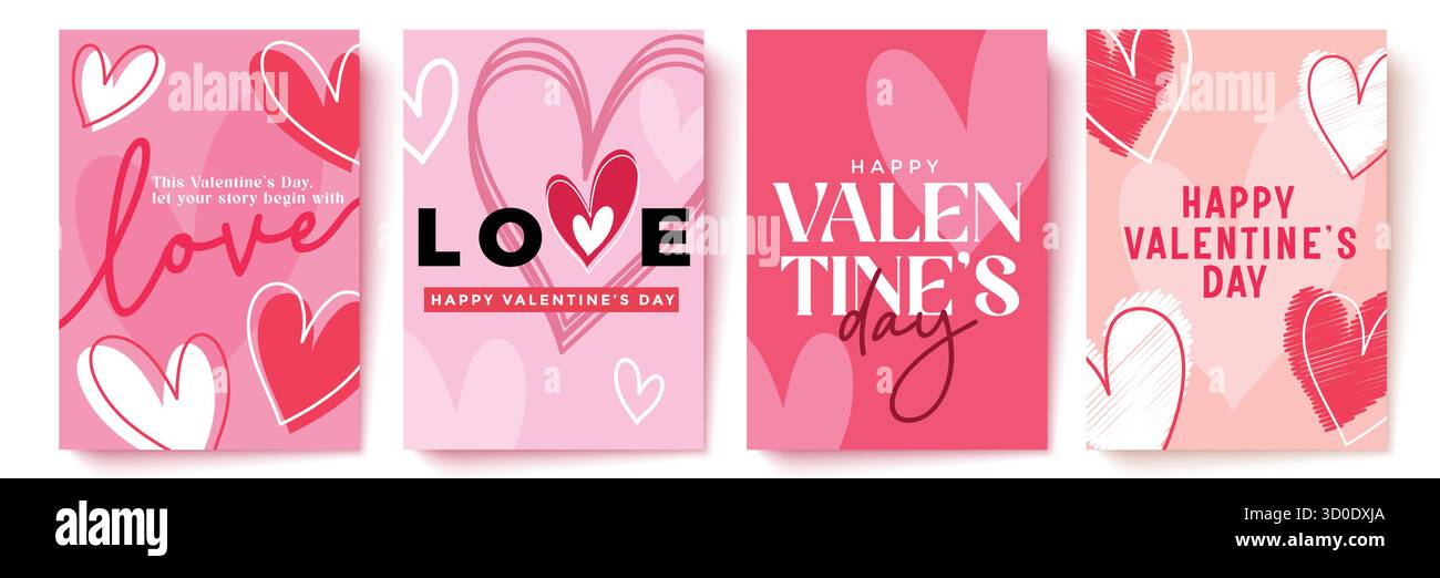 Charming Valentine’s Day Poster Set with Bold Love Text and Heart Illustrations Stock Vector