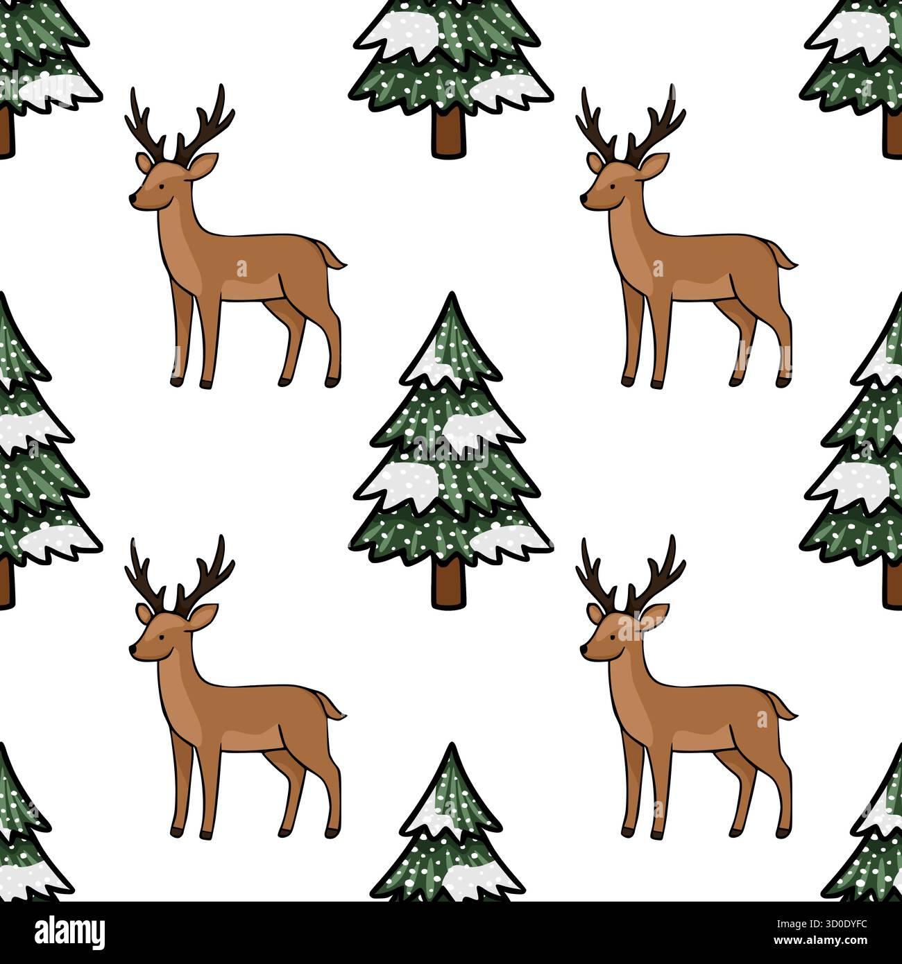 Charming vector seamless pattern featuring adorable deer and snow-covered Christmas trees, perfect for festive holiday designs. Stock Vector
