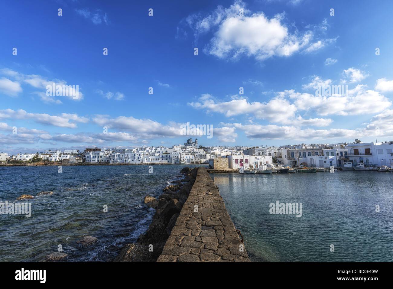 Sunset view over Naousa Marina in Paros taken during winter season ...