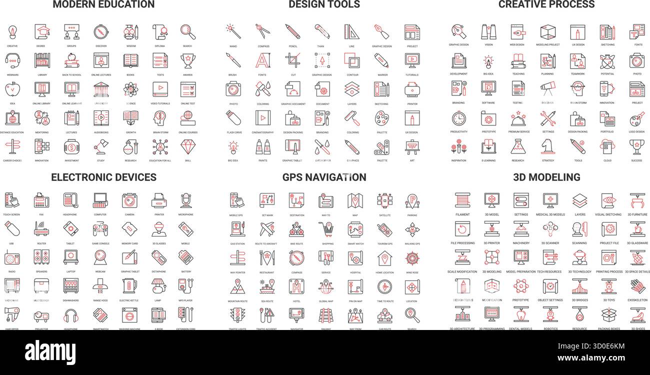 Comprehensive set of modern line icons covering education, design tools, creative process, electronic devices, GPS navigation, 3D modeling for digital projects and presentations vector illustration Stock Vector
