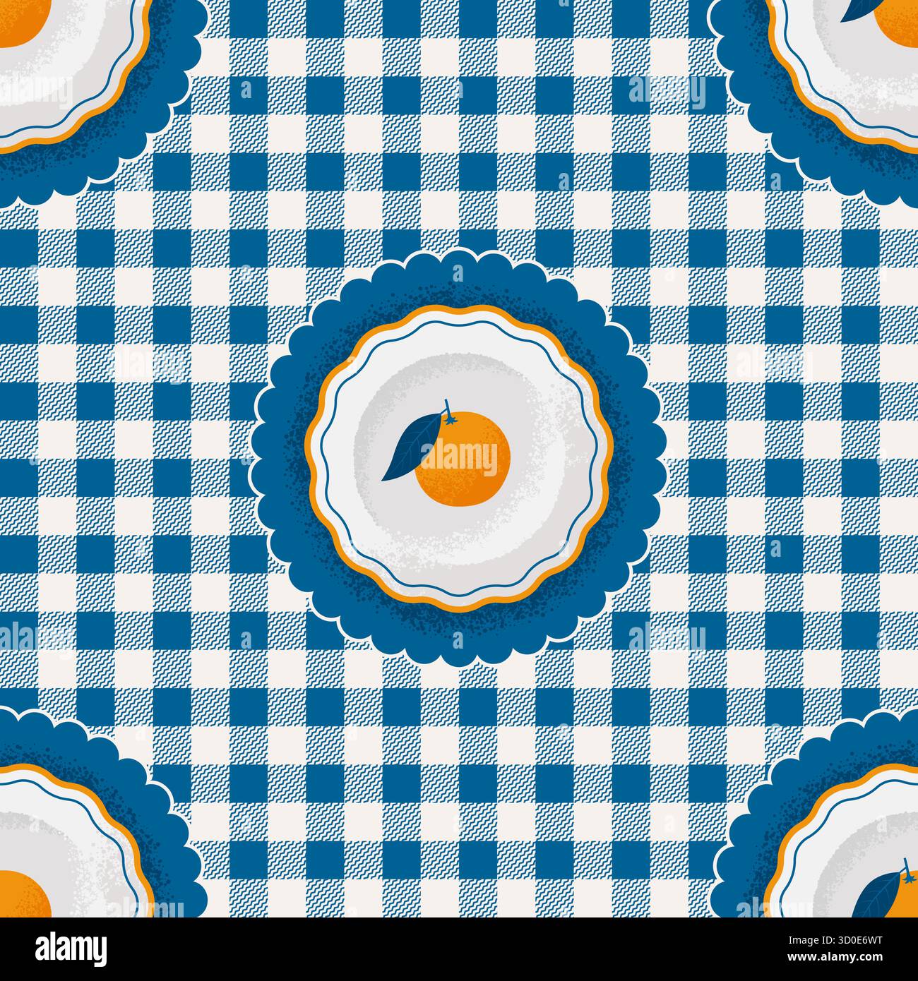 Mediterranean Seamless Pattern with White Ceramic Plates with Oranges on a Gingham Background. Vector Rustic Design Stock Vector