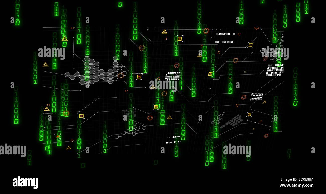 Streaming neon green binary digits cascading over network, with white circuits and orange nodes Stock Photo