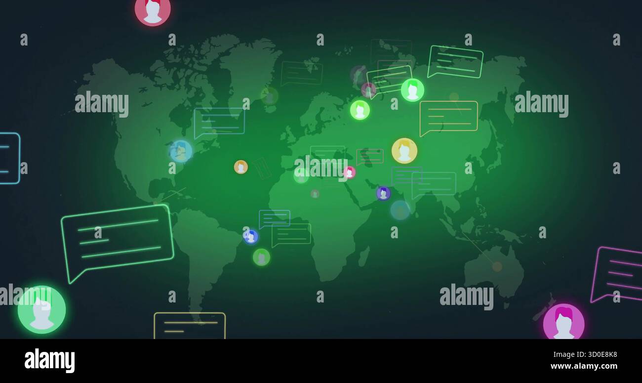 Displaying stylized world map on digital interface, indicating chat bubbles with avatar icons Stock Photo