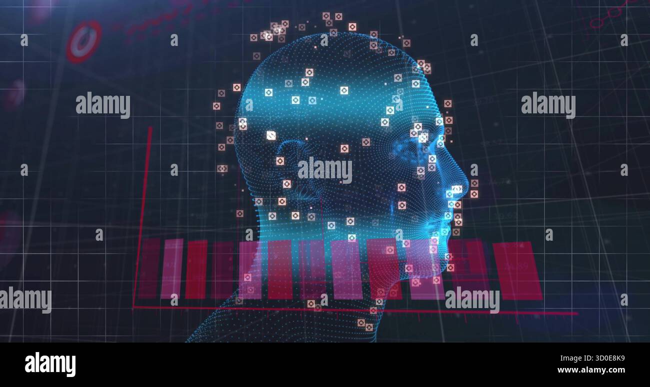 Displaying 3D wireframe head model on data console, with facial recognition markers and red bars Stock Photo