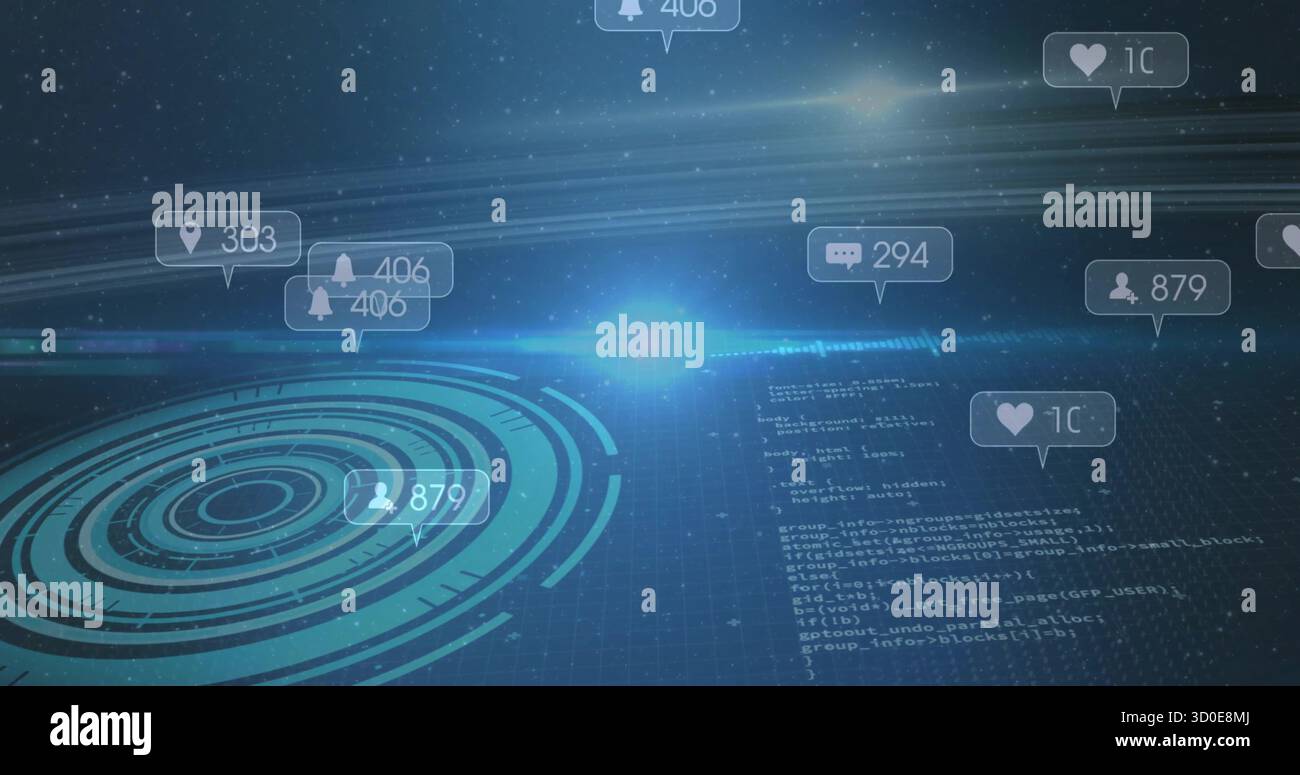 Displaying interface in console, showing neon concentric circles and icons over grid scrolling code Stock Photo