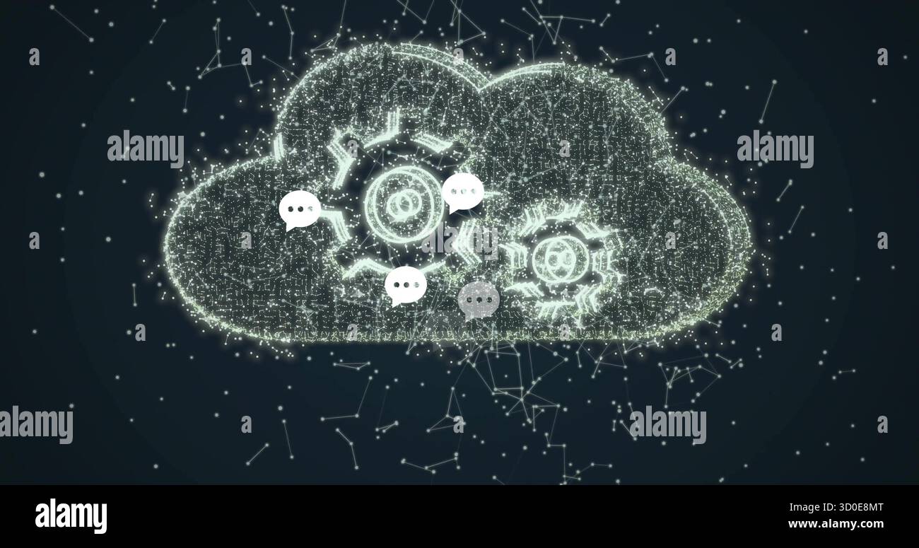 Glowing digital cloud pulsing in virtual computing space, with gear icons, speech bubbles and nodes Stock Photo