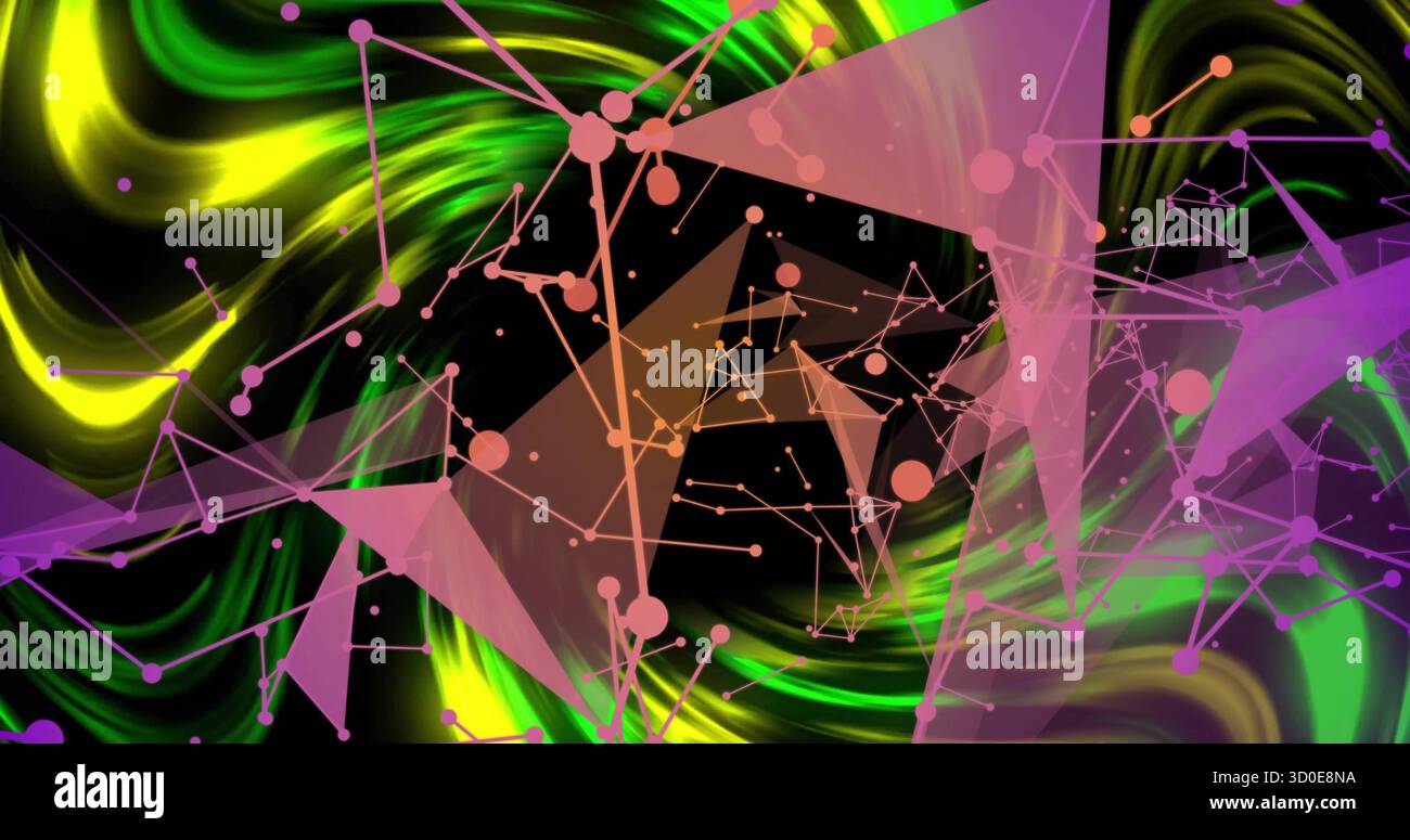 Displaying translucent pink and purple triangular network floating in abstract backdrop, neon waves Stock Photo