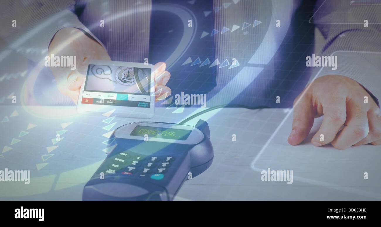 Operating suited hands tapping payment device on POS terminal on ...
