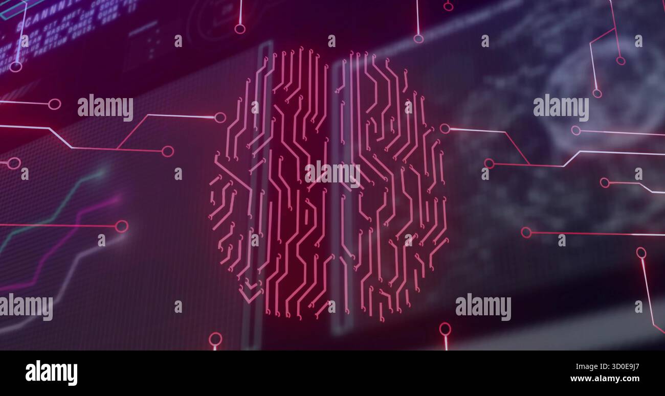 Projecting circuit traces from neon-pink circuit-brain in data console, with data graphs and globe Stock Photo