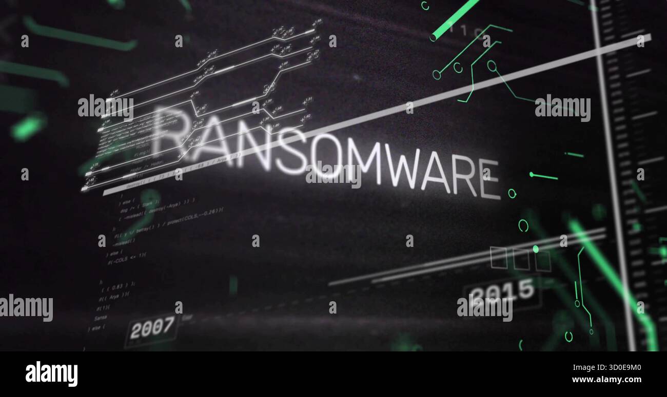 Neon Ransomware Screen Displaying glitching RANSOMWARE on cyber panel, with neon circuits ...