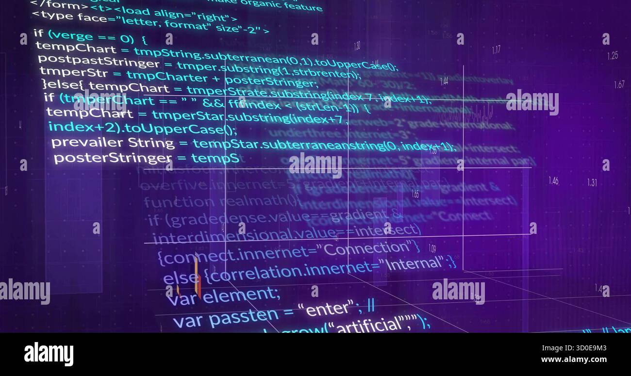 Displaying JS code snippets and numeric overlays hovering in hologram UI panels with grid lines Stock Photo