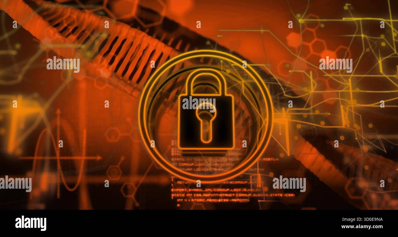 Displaying padlock icon floating in ring at security dashboard, with braided cables and code Stock Photo