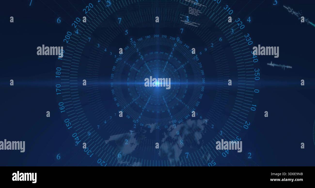 Displaying central glowing blue point pulsing on radar interface, with numeric rings, data readouts Stock Photo