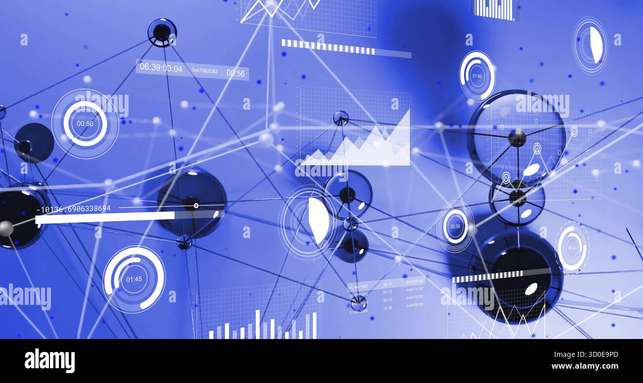 Displaying abstract network visualization in network space with spheres, lines, charts and readouts Stock Photo