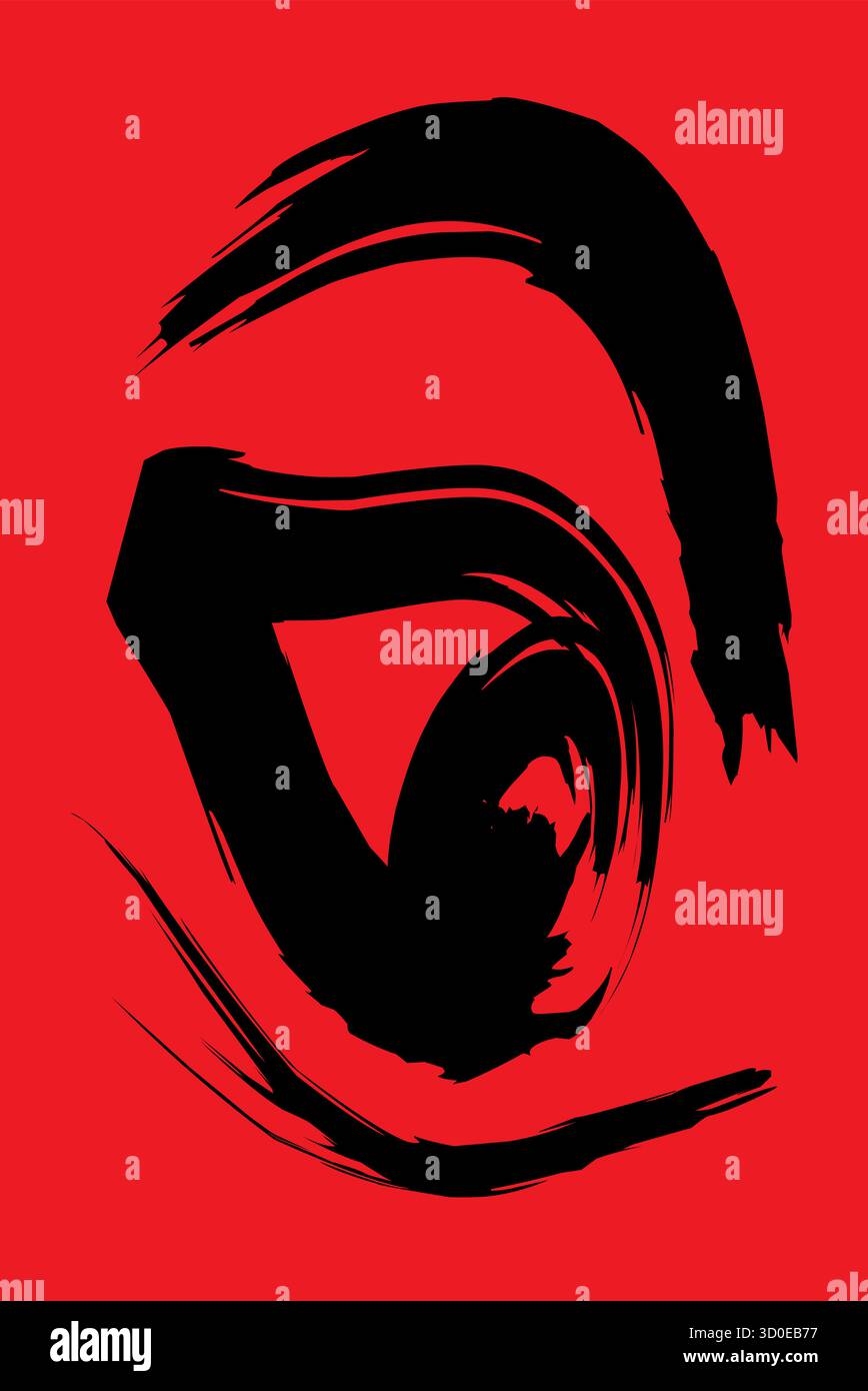 This striking abstract vector illustration features bold black brush strokes on a vivid red background, forming a central triangular shape. The dynami Stock Vector