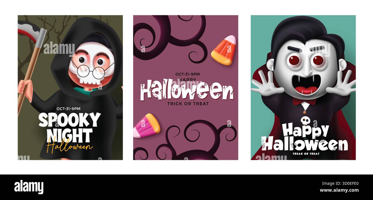 Spooky Halloween Card Template with Cute Vampire, Grim Reaper, Candy, and Festive Design Stock Vector
