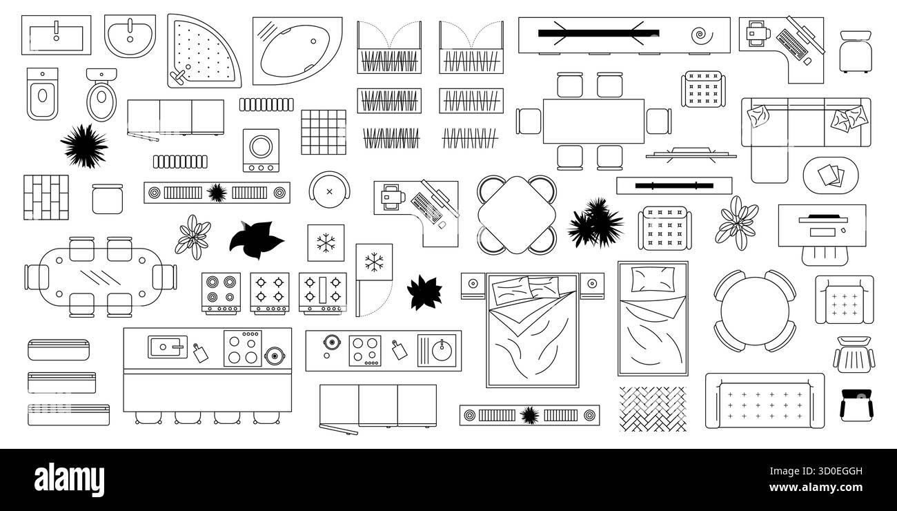 Black and white furniture outline set with tables, chairs, sofas, beds and home elements. Great for architecture plans, interior design, layouts and p Stock Vector
