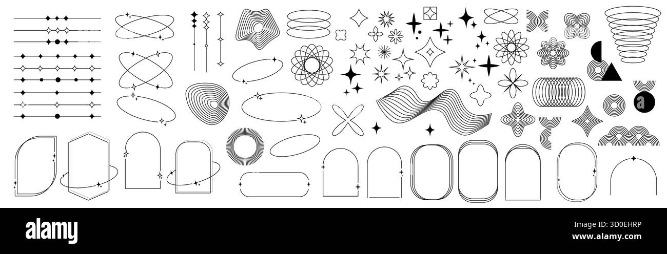 Modern minimalist aesthetic line elements, trendy frames with stars, geometric forms. Stock Vector