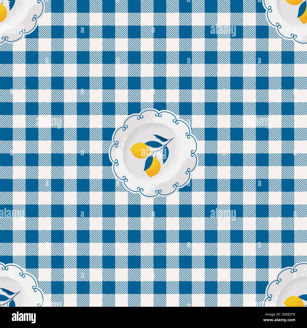 Mediterranean Seamless Pattern with White Ceramic Plates with lemons on a Gingham Background. Vector Rustic Design Stock Vector