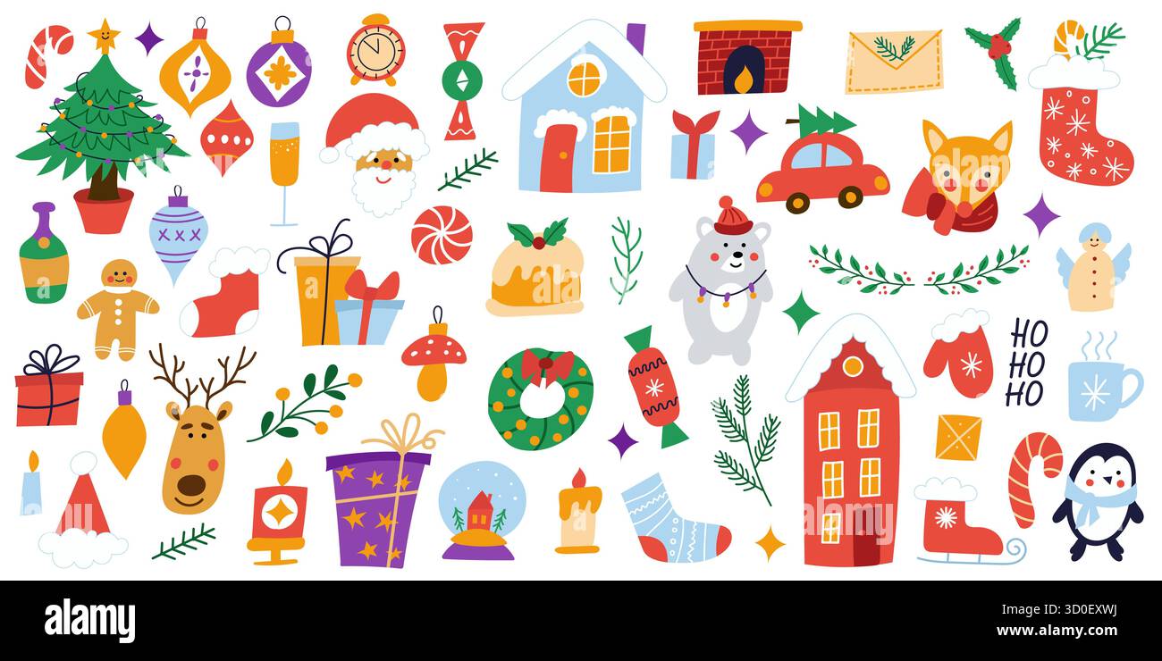 Vibrant Christmas illustration showcasing a variety of festive elements including trees, gifts, ornaments, and holiday characters, creating a joyful a Stock Vector