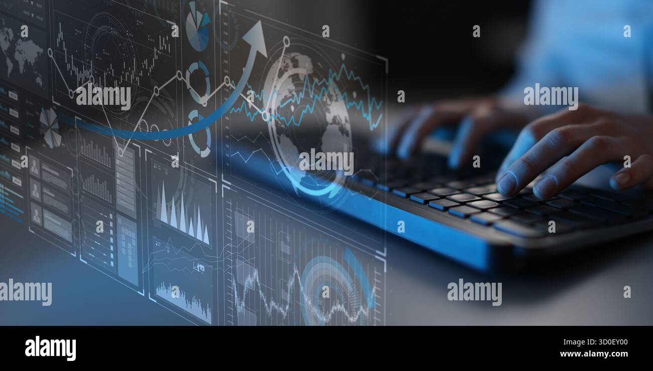 Business Analytics and Financial Data Visualization on Futuristic Digital Dashboard. Stock Photo