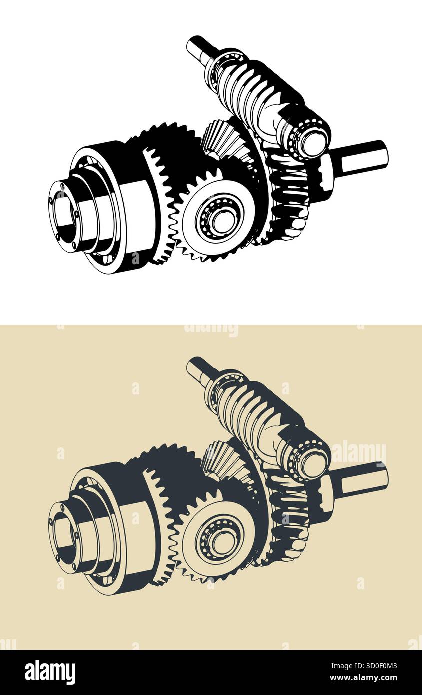Worm gearbox with differential structure stylized vector illustrations ...