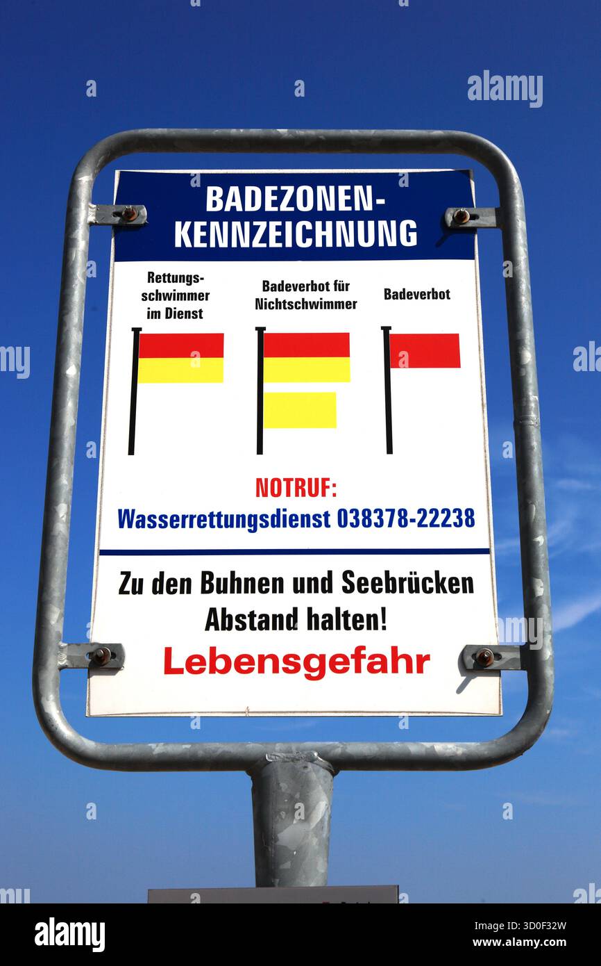 Warning sign, bathing zone marking on the North Sea, lifeguard, bathing ban, Germany Stock Photo