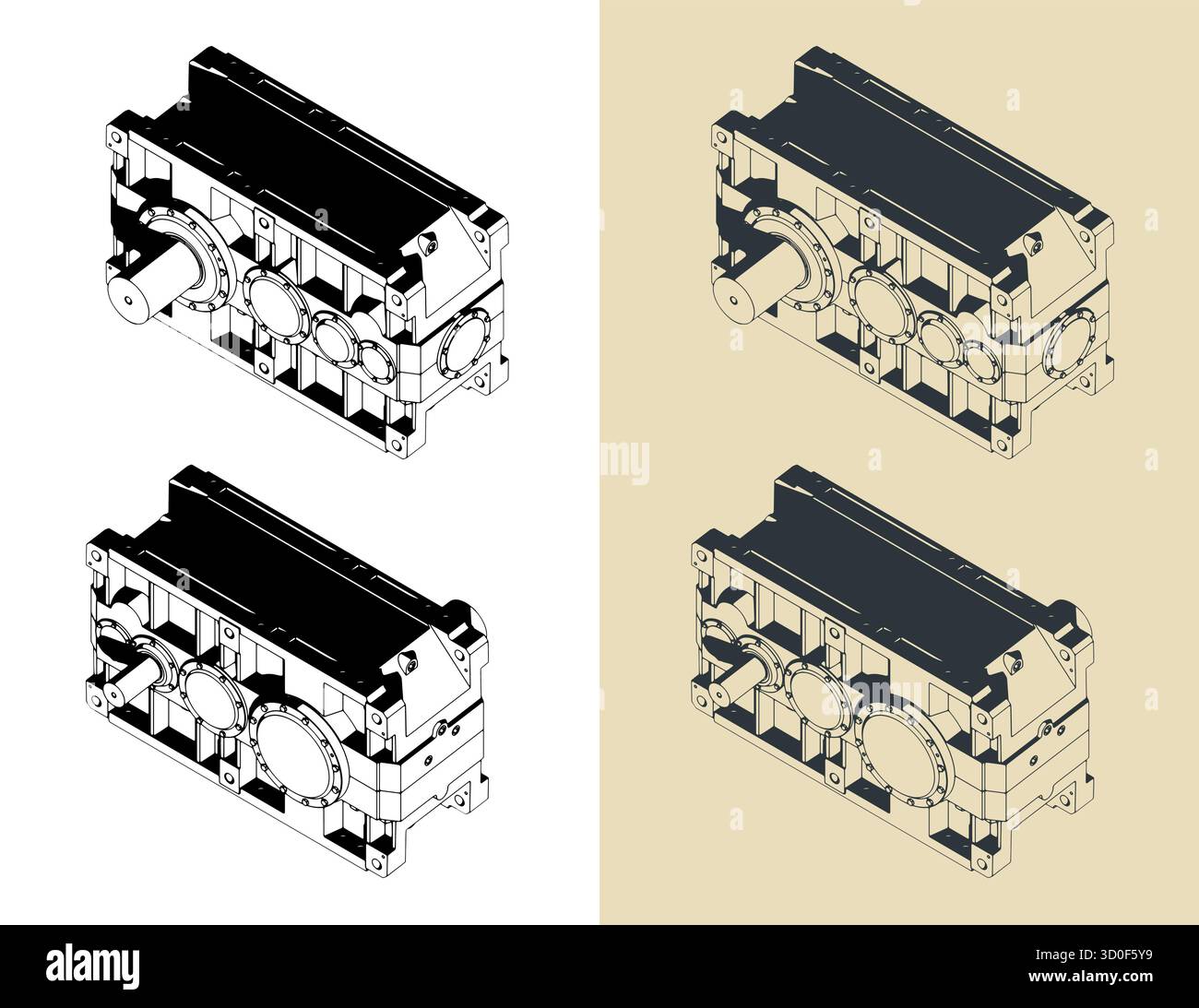 High performance reduction spur gear box stylized vector illustrations ...