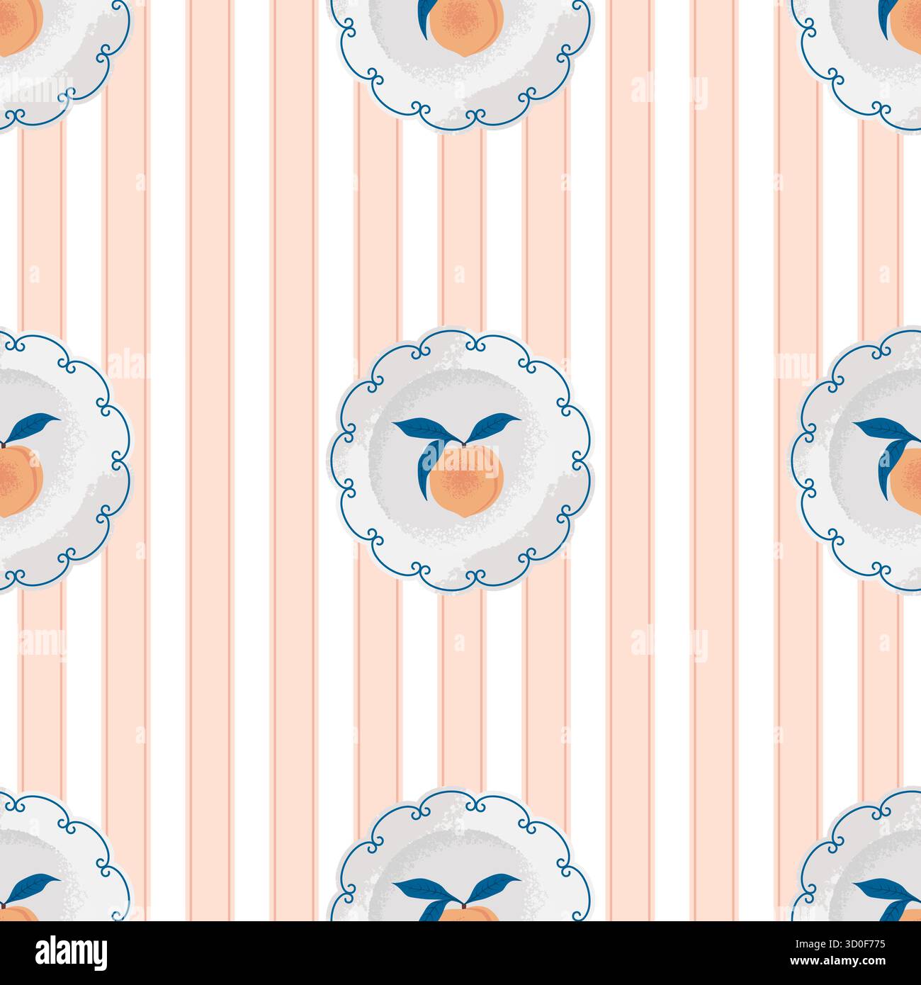 Mediterranean Seamless Pattern with White Ceramic Plates with Peaches on a Striped Background. Vector Rustic Design. Stock Vector