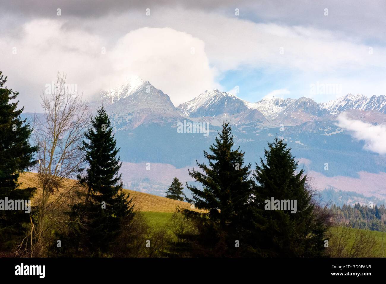 rural fields near Tatra Mountains in autumn season. beautiful view of countryside area of slovakia with forest on the hills. gorgeous mountain ridge w Stock Photo