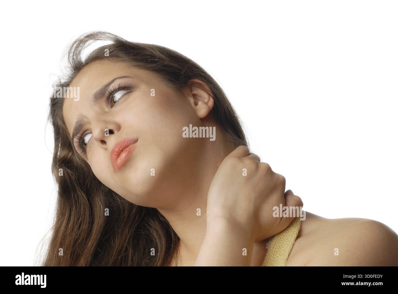 Sad tired woman massaging her neck and suffering from pain Stock Photo ...