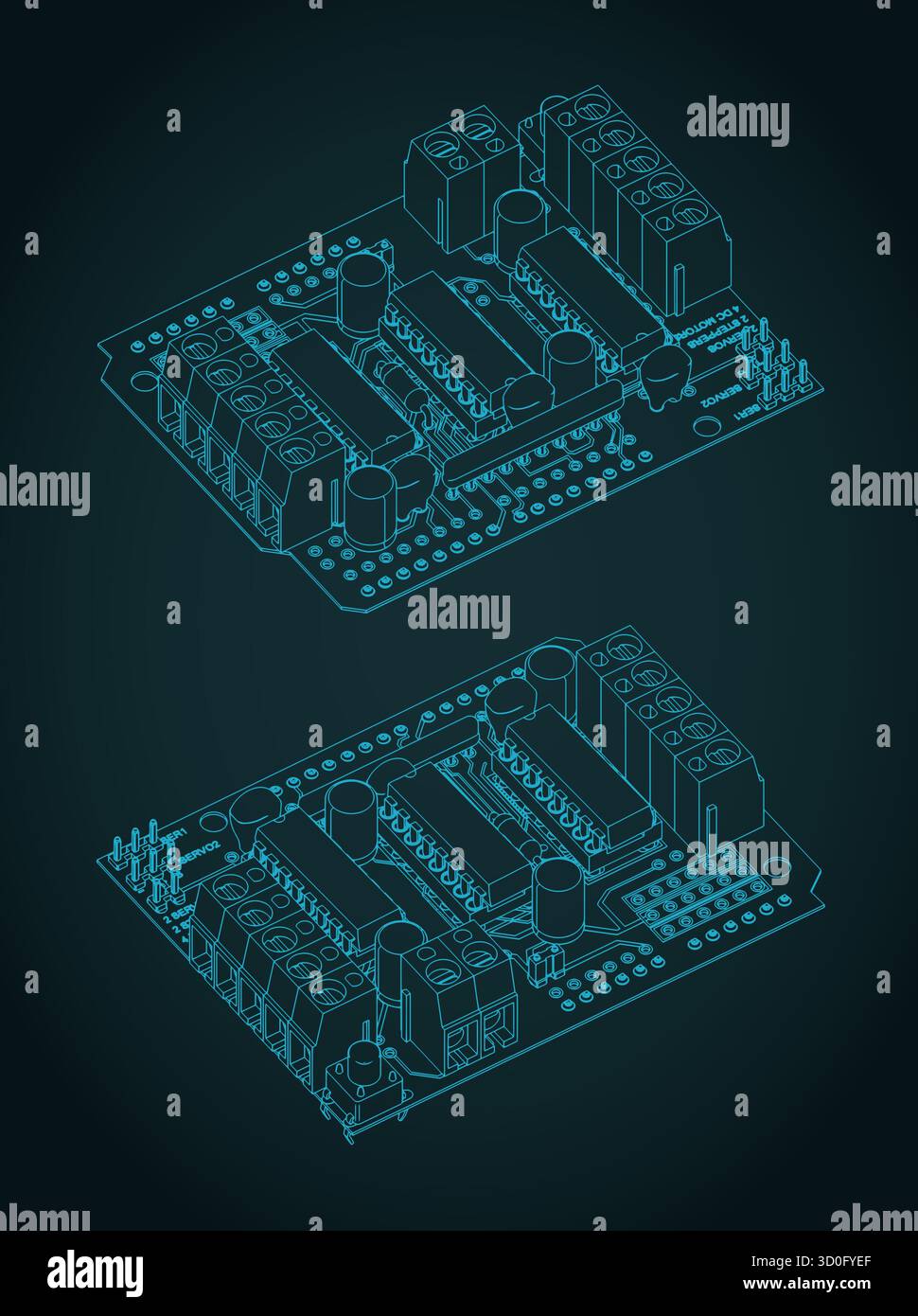 Servo motor driver shield isometric blueprints stylized vector illustrations Stock Vector