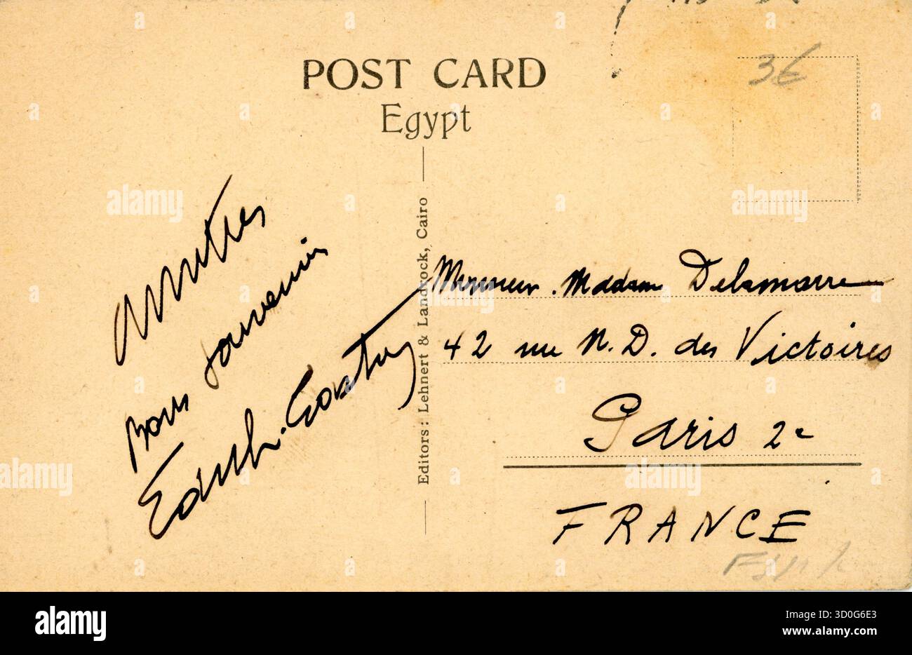 Backside of vintage Lehnert & Landrock greeting postcard sent from ...
