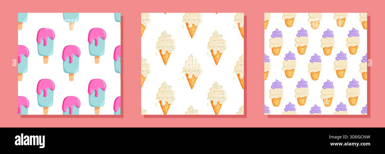 A set of seamless patterns featuring various ice cream types in a fun ...